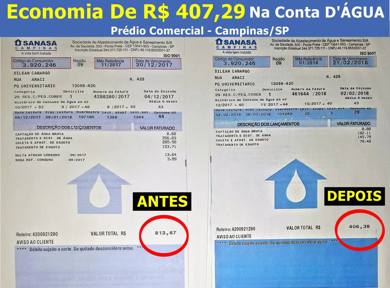 Antes e depois conta de água cliente 1